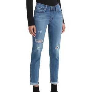 Levi’s distressed Boyfriend Jean, size 31. Midrise color: “Hawaii Blue”